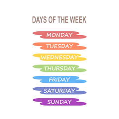 Set of names of days of week on rainbow colors background. Isolated on white background. Cartoon flat style - obrazy, fototapety, plakaty