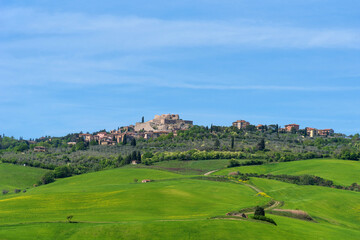 Fototapeta na wymiar Panoramic landscape of the Italian Tuscan town with stone houses, a fortress on the mountain and green fields in spring.