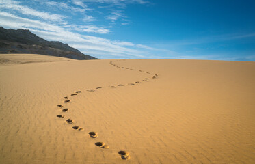 Footprints on desert with blue sky at the horizon. Copy space.