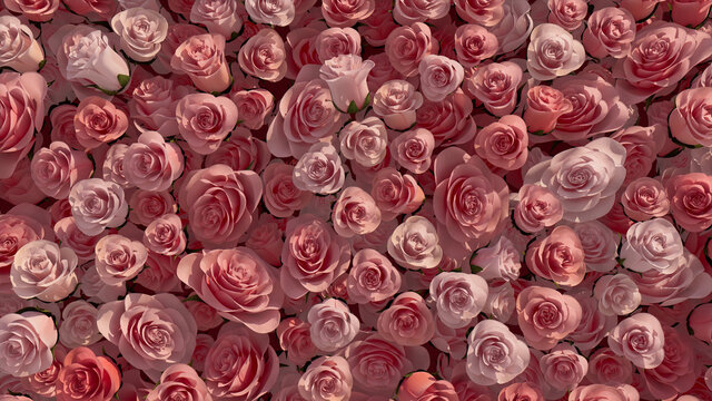 Pink, Bright Flower Blooms arranged in the shape of a wall. Romantic, Elegant, Roses composed to create a Colorful floral background. 3D Render