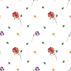 Watercolor flowers seamless pansies pattern. Watercolor fabric. Repeat flowers. Use for design invitations, birthdays