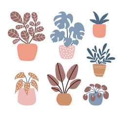 Set of vector houseplants. Collection of indoor plants in pots. Hand drawn vector illustration. Isolated elements on white background.