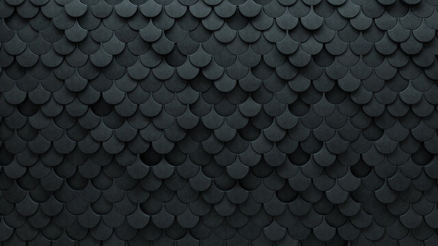 Fish Scale Tiles arranged to create a Futuristic wall. 3D, Semigloss Background formed from Concrete blocks. 3D Render