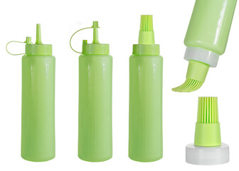 Collage of bottles. Ketchup, mustard and mayonnaise plastic bottles for fast food. Plastic basting...