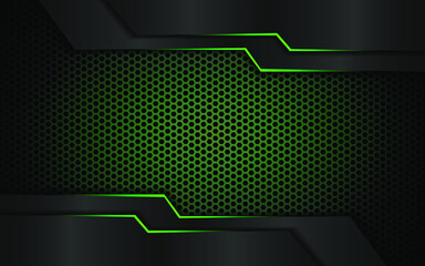 Dark steel mesh abstract background with green glowing lines with space for design. Modern technology innovation concept background