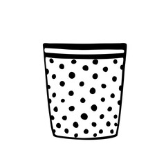 Empty flower pot polka dot for indoor plants and flowers. Hand drawn simple black outline vector illustration in doodle style, isolated. Design element, clip art for decoration, coloring page