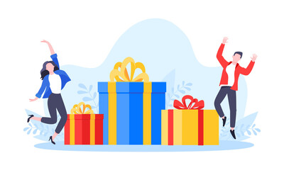 Earn loyalty program points, get online reward and gifts. Get loyalty card and customer service business concept flat design vector illustration. Tiny people with big gift boxes.