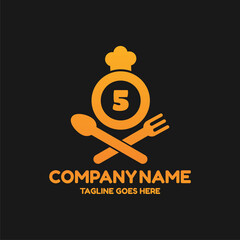 Initial number 5 food Logo Design Template. Illustration vector graphic. Design concept fork,spoon and chef hat With number symbol. Perfect for  cafe, restaurant, cooking business