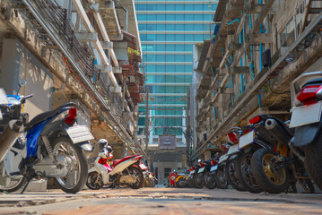 Low angle view motorcycle parking spaces in the capital city.