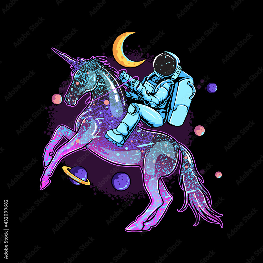 Wall mural astronauts ride on a space unicorn horse that comes from a soap balloon between the planets and the 