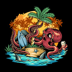 octopus bringing beer at a summer party under a coconut tree in the middle of the beach