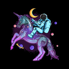 Astronauts ride on a space unicorn horse that comes from a soap balloon between the planets and the stars