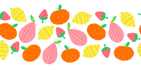 Summer Fruit seamless vector border. Abstract pear apple lemon strawberry repeating horizontal pattern cute bright colorful . For summer decor, fabric trim, footer, header, summer party, invites