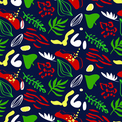 Abstract Hand Drawing Geometric Leaves and Mixed Animal Skins Repeating Vector Pattern Isolated Background  