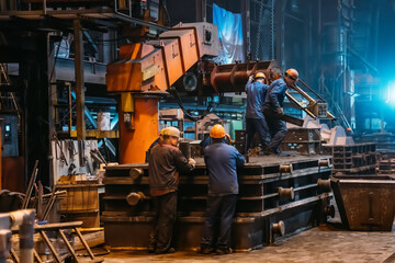 Fototapeta na wymiar Workers in process of work with large mold iron cast on steel mill foundry.