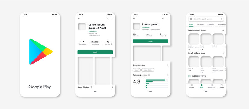 Template Google Play Store mobile interface application. Isolated Google play store template: install, rate, review, description, downloadn.  Editable text and empty images. Vector illustration.