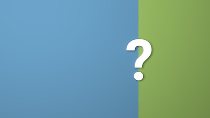 White question mark symbol leaning against a blue-green wall split in half. Copy space, question, faq or brainstorming concept.
