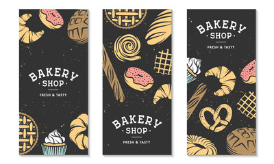 Set of 3 bakery flyers or brochure. Typography advertising design with bread, pastry, pie, buns, sweets, cupcake. Collection of modern linear graphic design vertical banner template. Bakery shop.