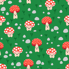 Seamless vector repeat kids pattern cute toadstools. Cute background mushroom fungi with smiling faces on green. Surface pattern design for fabric, wrapping, baby, kids wear, children decor, wallpaper