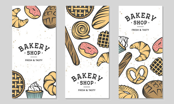 Set of 3 bakery flyers or brochure. Typography advertising design with bread, pastry, pie, buns, sweets, cupcake. Collection of modern linear graphic design vertical banner template. Bakery shop.