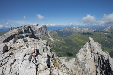 PUEZ AREA, ITALY - AUGUST 27, 2019: wide view from the top of the Puez mount, the higher peak in the omonimous mountain area, in Dolomites