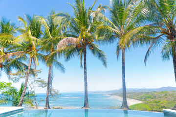 Wonderful view across the pool and palm trees to the pacific coast of Costa Rica