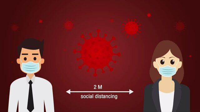 man and woman character wearing surgical mask maintain social distancing to prevent from virus spreading and flu prevention.Shot in 4k resolution. stop covid-19 or coronavirus.