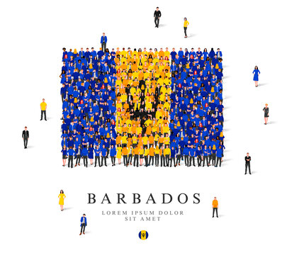 A large group of people are standing in blue, yellow and black robes, symbolizing the flag of Barbados.