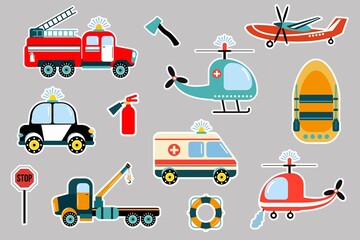 Lifeguard cars stickers set. Fire truck, ambulance, police, tow truck, fire plane, fire helicopter, boat, rescue helicopter.
