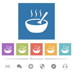 Steaming bowl of soup with spoon flat white icons in square backgrounds