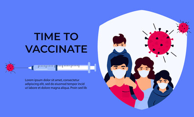 Family Vaccination banner. Time to vaccinate. Syringe with vaccine for coronavirus COVID-19. Immunization campaign concept. Father and mother with children in protective masks