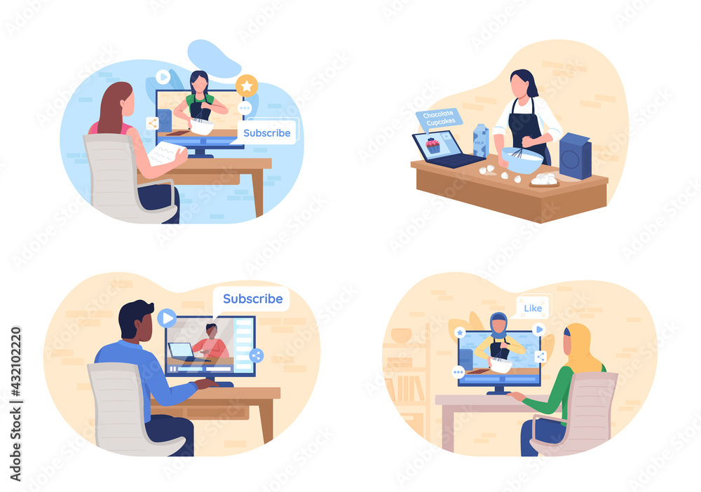 Poster watching online tutorial 2d vector web banner, poster set. people watch course. e learning flat char