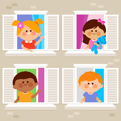 Children in their houses at an apartment building looking out of windows. Vector illustration.