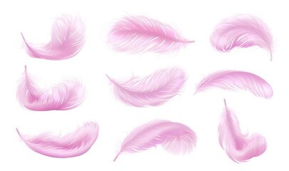 Falling pink fluffy twirled feather set, isolated Goose feathers realistic style, vector 3d illustration.