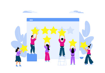 Fototapeta premium Customer feedback. Online review. Rating flat vector concept. Tiny people cling stars to the huge web page.