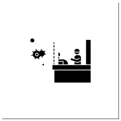Shopping safety glyph icon.Shop cashier desk with covid19 prevention glass,plastic barrier.Concept health safety during corona virus pandemic.Filled flat sign.Isolated silhouette vector illustration
