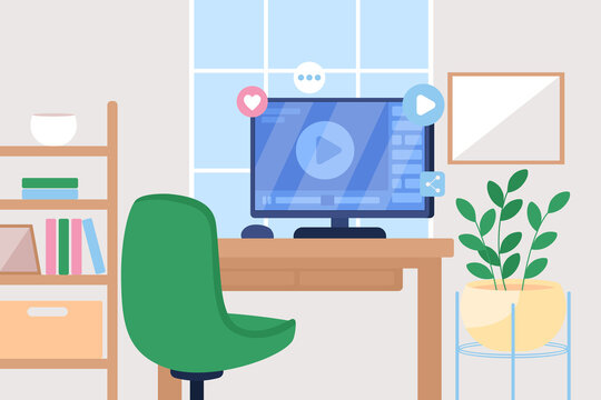Online tutorial flat color vector illustration. Workstation to watch webinar. Streaming channel. Video streaming. Room with desktop computer 2D cartoon interior with furniture on background