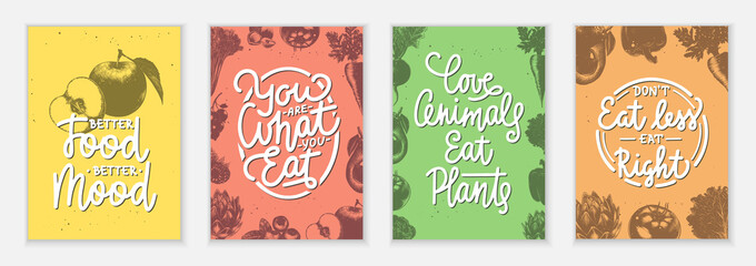Set of 4 advertising and inspirational healthy food and eating lettering posters, decoration, prints, t-shirt design. Hand drawn typography with sketches. Handwritten lettering. Mono line calligraphy.
