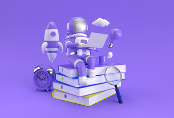 Astronaut sitting on Stack of books with working on laptop 3D Render Illustration.