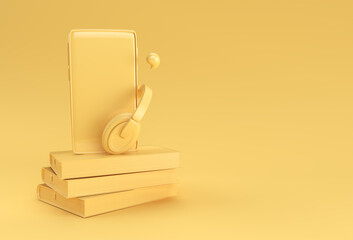 Smartphone with headphone for audio book Listen literature, e-books in audio format. Distance education e-learning, podcast, webinar, tutorial. 3D rendering.