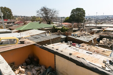 High Angle rooftop view of low income houses in Alexandra township Johannesburg South Africa - obrazy, fototapety, plakaty