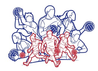 Group of Gaelic Football Male and Female Players Sport Action Cartoon Graphic Vector
