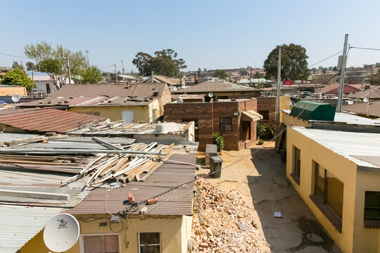 High Angle rooftop view of low income houses in Alexandra township Johannesburg South Africa