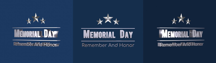 3D Render set of 3d text Memorial Day greeting card navy blue background