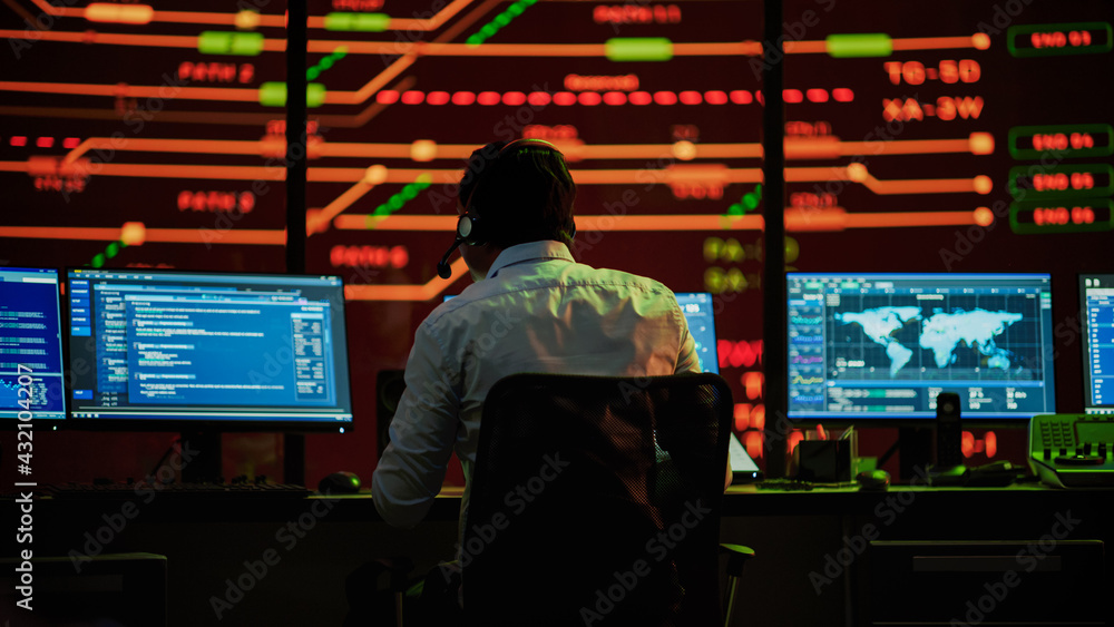 Poster Professional IT Technical Support Specialists and Software Developer Working on Computers in Monitoring Control Room with Digital Screens with Server Data, Blockchain Network and Surveillance Maps. 