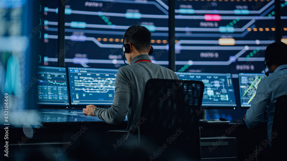 Poster Professional IT Technical Support Specialists and Software Programmer Working on Computers in Monitoring Control Room with Digital Screens with Server Data, Blockchain Network and Surveillance Maps. 