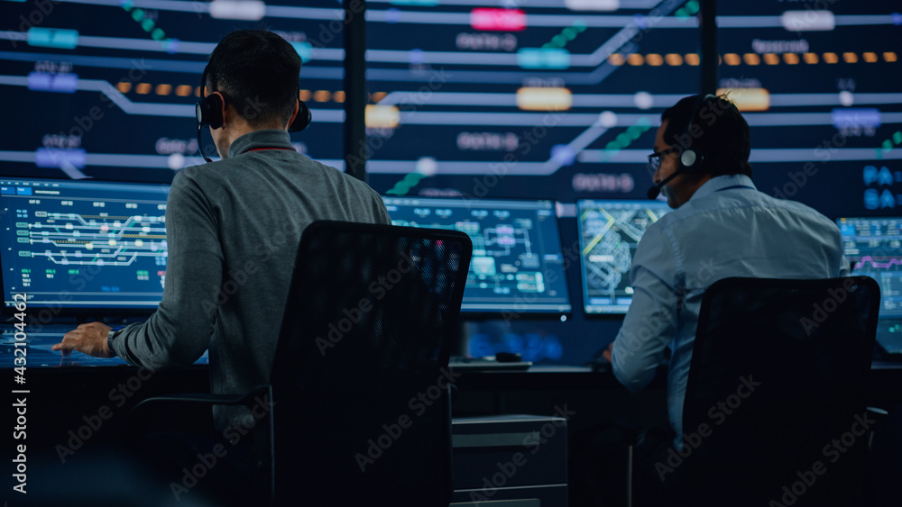 Poster Professional IT Technical Support Specialists and Software Programmer Working on Computers in Monitoring Control Room with Digital Screens with Server Data, Blockchain Network and Surveillance Maps. 