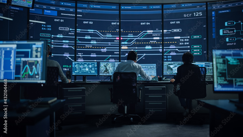 Aufkleber Professional IT Technical Support Specialists and Software Programmer Working on Computers in Monitoring Control Room with Digital Screens with Server Data, Blockchain Network and Surveillance Maps. 