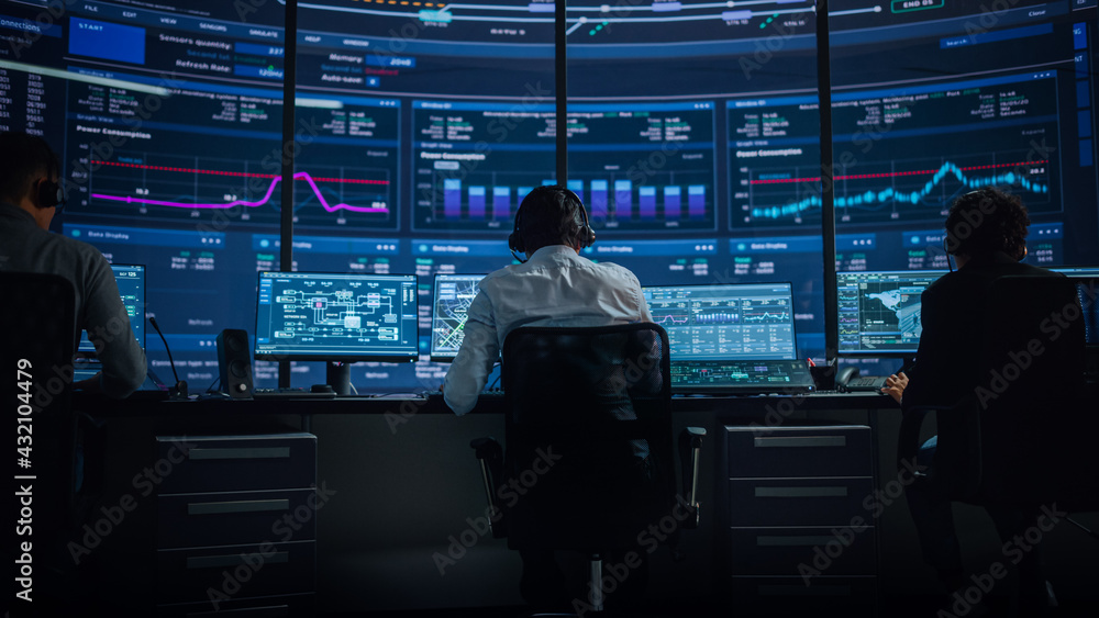 Poster Professional IT Technical Support Specialists and Software Programmer Working on Computers in Monitoring Control Room with Digital Screens with Server Data, Blockchain Network and Surveillance Maps. 