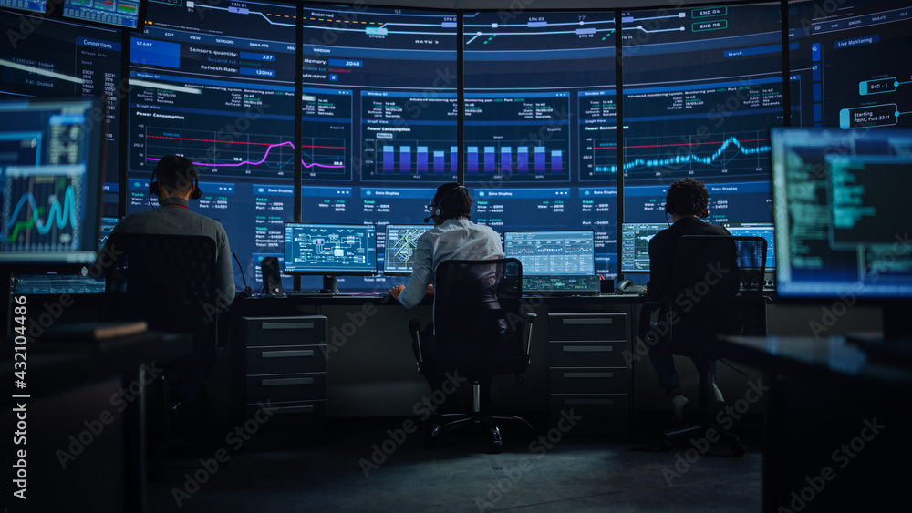 Poster Professional IT Technical Support Specialists and Software Programmer Working on Computers in Monitoring Control Room with Digital Screens with Server Data, Blockchain Network and Surveillance Maps. 